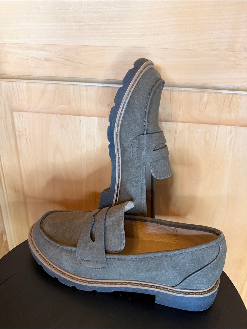 Taryn Rose Olive Suede Lug Sole Penny Loafers